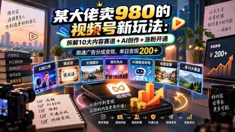 揭秘大佬980元视频号创新玩法:全方位解析内容矩阵+智能AI助力,轻松涨粉增收,广告分成变现每日可达200元-有道网创