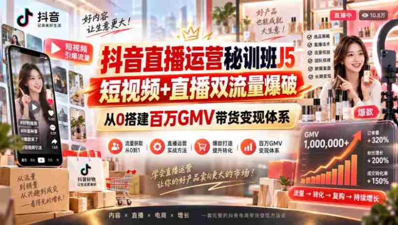 抖音直播运营秘训班J5|短视频+直播双流量爆破,从0搭建百万GMV带货变现体系-有道网创