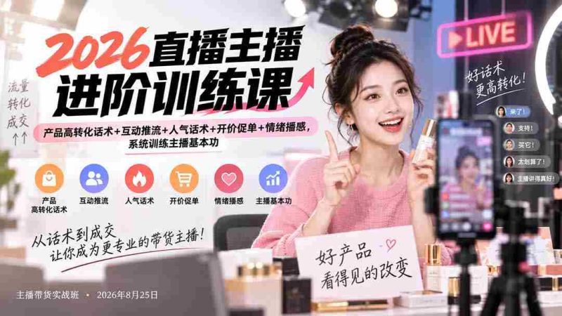 2026直播主播进阶训练课:产品高转化话术+互动推流+人气话术+开价促单+情绪播感,系统训练主播基本功-有道网创