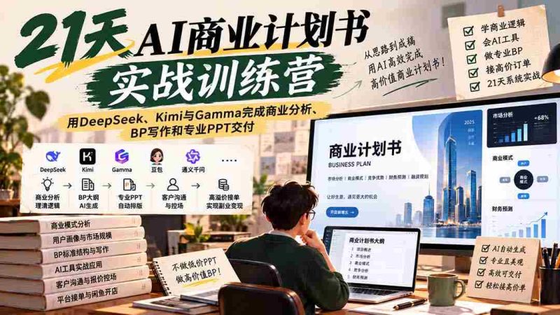 【无水印】21天AI商业计划书实战训练营：用DeepSeek、Kimi与Gamma完成商业分析、BP写作和专业PPT交付-有道网创