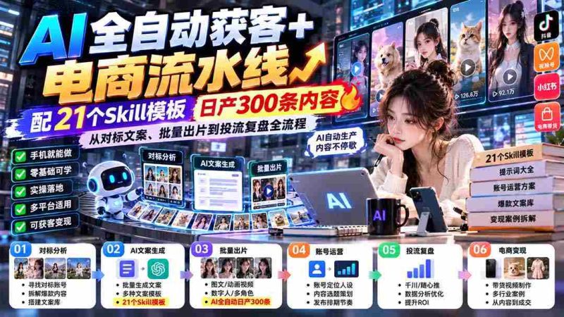全新升级-AI一键抓客+电商自动化生产线-最新0929版:含21款技能模板,日产出300篇内容,涵盖文案对标、批量制作及推广投放全环节-有道网创