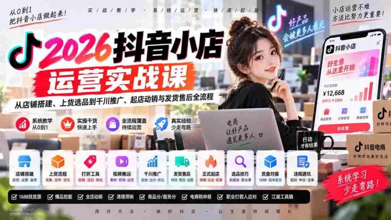2026抖音小店运营实战课|从店铺搭建、上货选品到千川推广、起店动销与发货售后全流程-有道网创