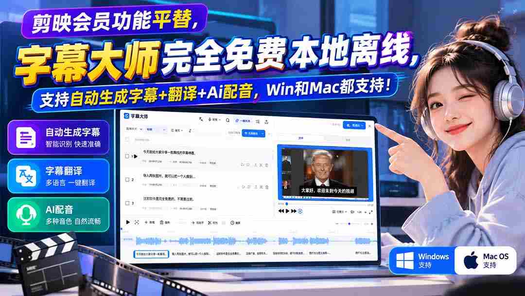 字幕大师免费版横空出世，剪映会员功能替代者，本地离线操作，自动字幕翻译AI配音，兼容Win与Mac系统！-有道网创