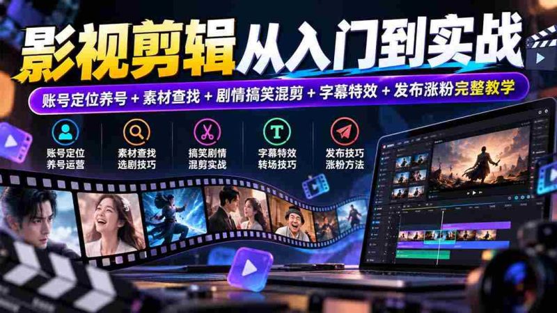影视剪辑从入门到实战:账号定位养号+素材查找+剧情搞笑混剪+字幕特效+发布涨粉完整教学-有道网创