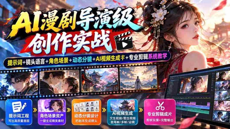 AI漫剧导演级创作实战:提示词+镜头语言+角色场景+动态分镜+AI视频生成+专业剪辑系统教学-有道网创