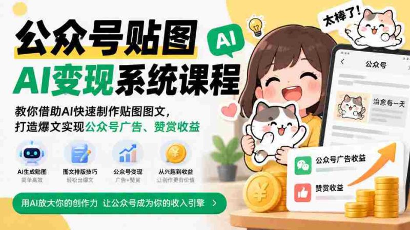 公众号贴图AI变现系统课程|教你借助AI快速制作贴图图文,打造爆文实现公众号广告、赞赏收益-有道网创