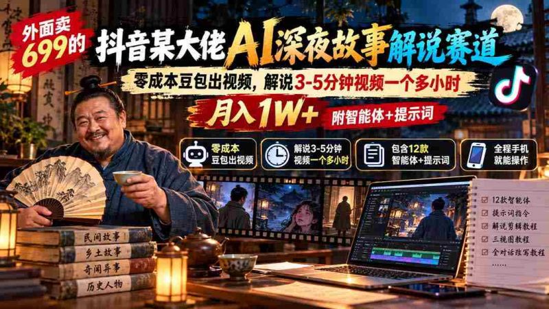 抖音红人AI深夜说书达人揭秘:699元成本打造3-5分钟视频,月入过万,智能助手与关键词一应俱全-有道网创