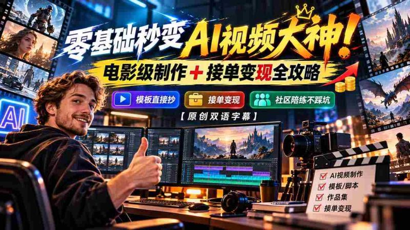 轻松入手AI视频制作高手!掌握电影水准制作技巧,一招掌握接单赚钱秘籍,模板即学即用,社区助力避坑【独家双语教学-有道网创