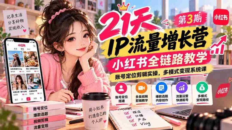 【无水印】21天IP流量增长营-第3期,小红书全链路教学,账号定位剪辑实操,多模式变现系统课-有道网创