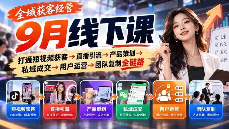 9月全域营销实战课程:从短视频吸粉到直播带货,再到产品设计与私域转化,全面解析用户运营与团队复制之道-有道网创
