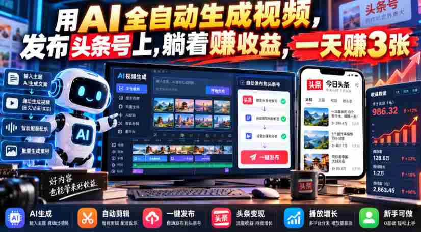 AI技术助力，轻松一键生成热门视频，入驻头条号躺赚收益，日入千赚不再是梦-有道网创