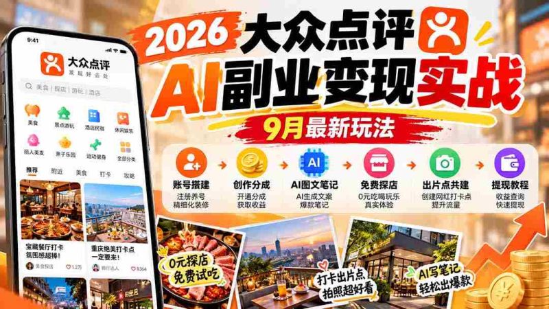 2026大众点评AI副业变现实战9月最新玩法:账号搭建+创作分成+AI图文笔记+免费探店+出片点共建与提现教程-有道网创