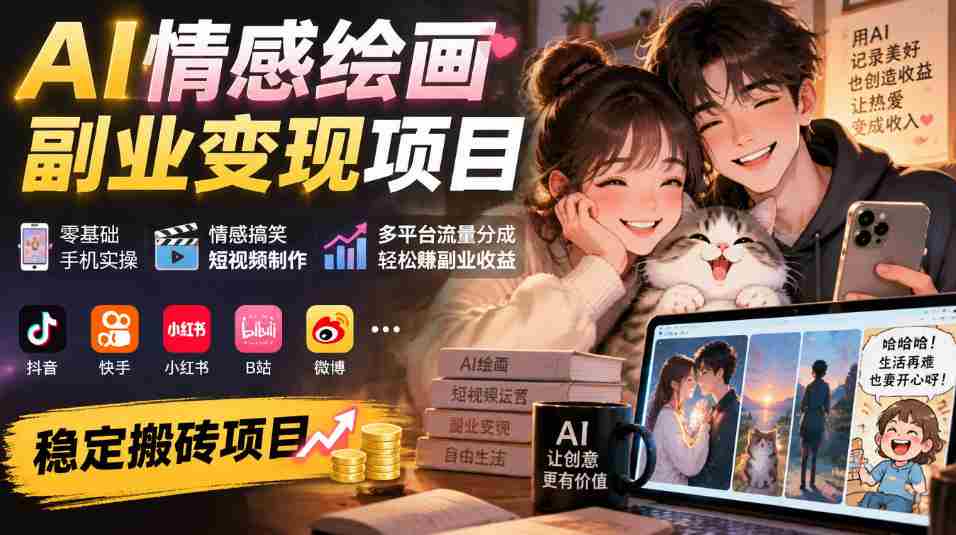 AI情感绘画副业变现项目|零基础手机实操,情感搞笑短视频制作,多平台流量分成轻松賺副业收益