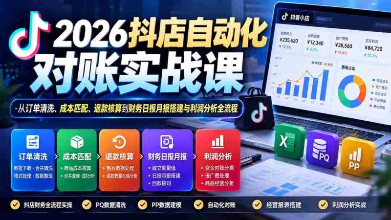 2026抖店自动化对账实战课:从订单清洗、成本匹配、退款核算到财务日报月报搭建与利润分析全流程-有道网创