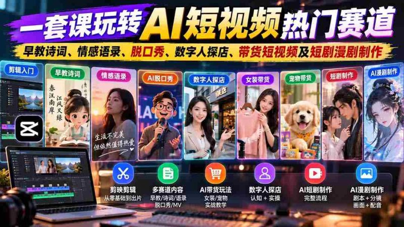 一套课玩转AI短视频热门赛道:早教诗词、情感语录、脱口秀、数字人探店、带货短视频及短剧漫剧制作 复制标题-有道网创