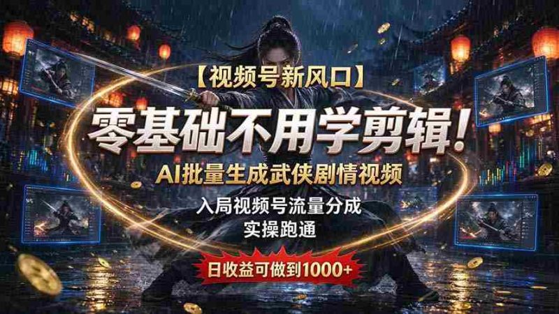 【视频号新风口】零基础不用学剪辑！AI 批量生成武侠剧情视频，入局视频号流量分成，实操跑通，日收益可做到 1000+-有道网创