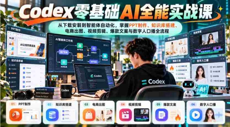 入门无门槛,Codex AI全能课程:从安装入门到智能自动化,全面解锁知识库构建、电商设计、视频编辑、爆款文案及数字人配音全技能-有道网创
