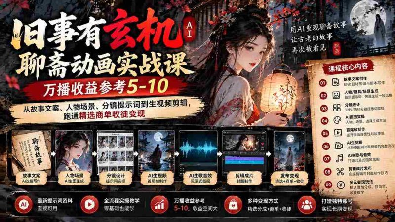 揭秘古事神秘面AI版聊斋动画实操课程来袭!9月开课,万播收益预估5-10元,涵盖故事文案、角色场景及分镜制作,助你轻松驾驭精选广告合作与学徒招募-有道网创