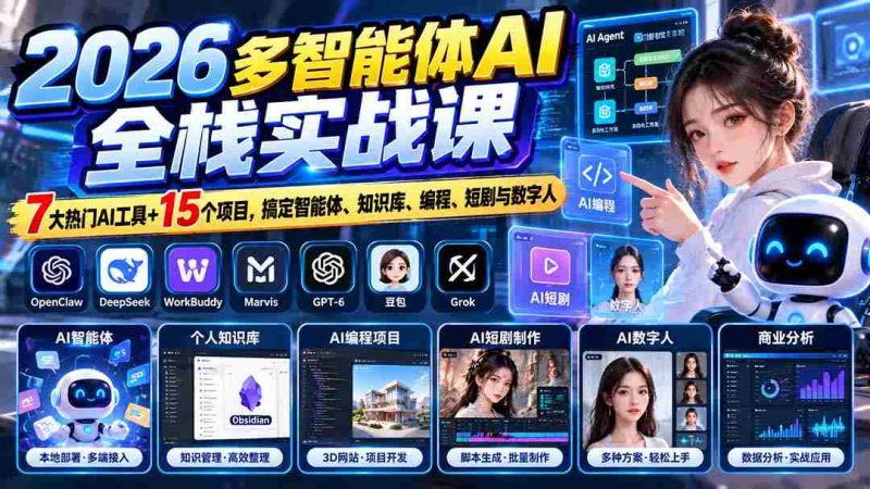 【无水印】2026多智能体AI全栈实战课:7大热门AI工具+15个项目,搞定智能体、知识库、编程、短剧与数字人-有道网创
