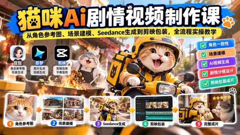 猫咪AI剧情视频制作课:从角色参考图、场景建模、Seedance生成到剪映包装,全流程实操教学-有道网创