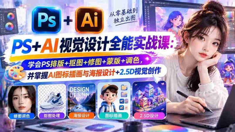 零基础精通】PS与AI视觉设计大师班:全面掌握PS排版技巧、抠图修图艺术,深度解析蒙版调色,同时解锁AI图标插画与海报制作、2.5D视觉创作秘密-有道网创