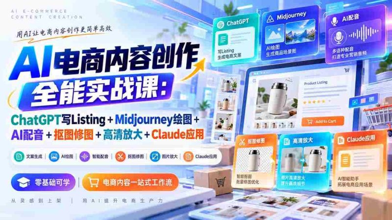 零水印】全方位AI电商内容制作课程:运用ChatGPT撰写商品描述+Midjourney绘制插图+AI配音技术+图像剪辑与修饰+高清图像处理+Claude应用技巧-有道网创