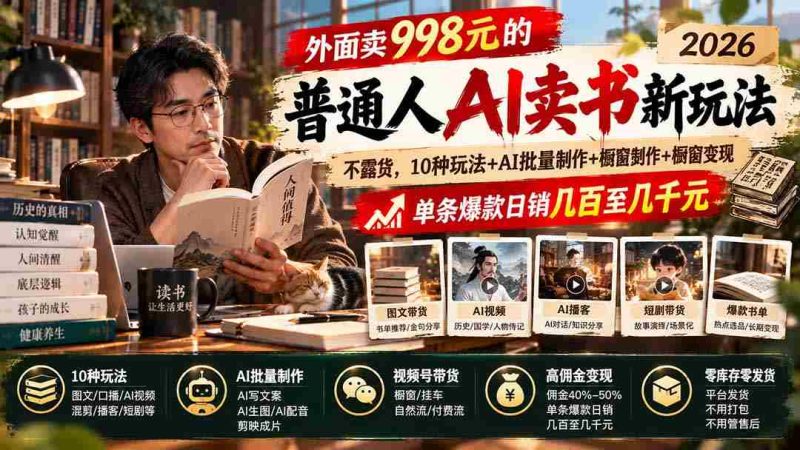 2026年AI助力:998元门槛下的AI卖书革命,无需露脸囤货,多模式创收,AI批量打造爆款,每日销售额轻松破百上千-有道网创