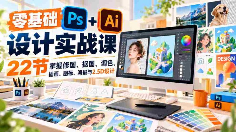 免费】小白也能轻松学会的PS和AI设计课程|22节课解锁修图、抠图、调色等实用技能-有道网创