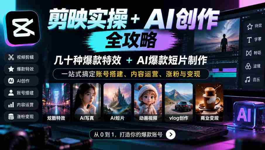 深度解锁剪映AI神技：数十款爆款特效+AI短视频秘籍，全方位助你账号起飞、运营得心应手、粉丝倍增、盈利无忧-有道网创