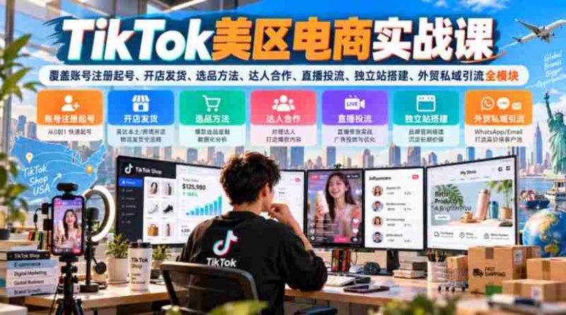 TikTok美区电商实战课,覆盖账号注册起号、开店发货、选品方法、达人合作、直播投流、独立站搭建、外贸私域引流全模块-有道网创