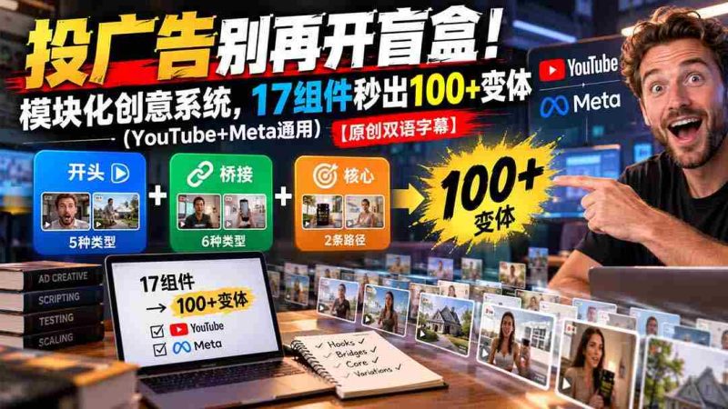投广告别再开盲盒!模块化创意系统,17组件秒出100+变体(YouTube+Meta通用)【原创双语字幕】-有道网创