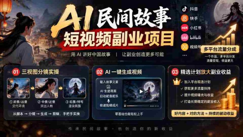 AI赋能短视频创作:民间故事新领域,多平台共享流量,三视图分镜教学,精选方案助力副业收益倍增-有道网创