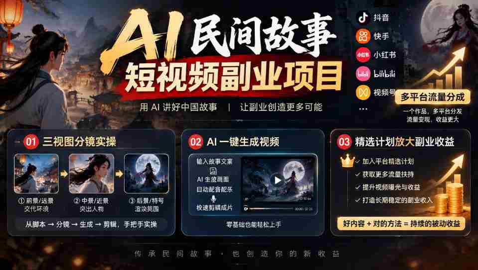 AI民间故事短视频副业项目,多平台流量分成,三视图分镜实操,精选计划放大副业收益