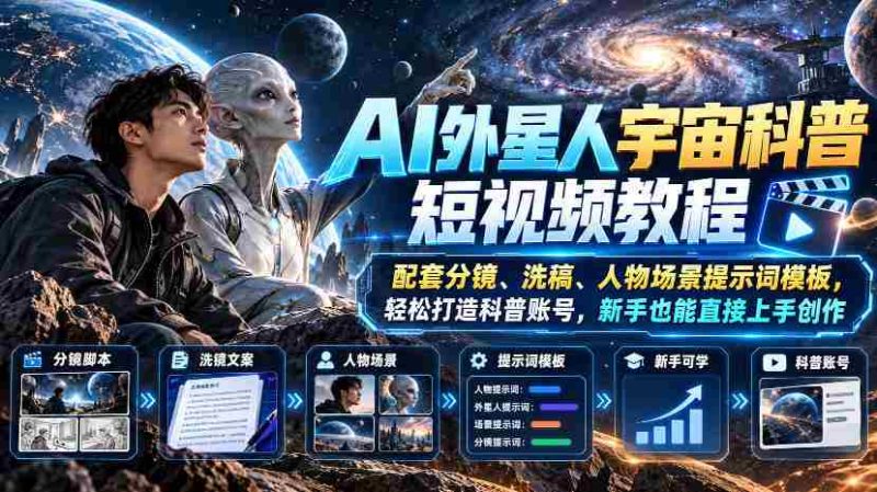AI外星人宇宙科普短视频教程，配套分镜、洗稿、人物场景提示词模板，轻松打造科普账号，新手也能直接上手创作-有道网创