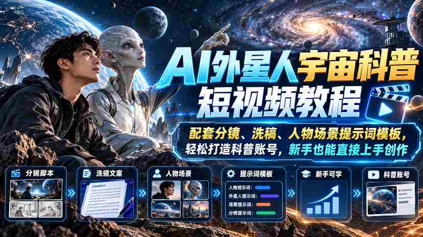 AI外星人宇宙科普短视频教程，配套分镜、洗稿、人物场景提示词模板，轻松打造科普账号，新手也能直接上手创作-有道网创