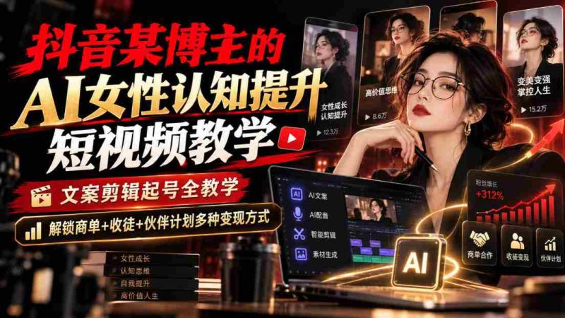 抖音达人揭秘:AI辅助女性认知进阶教程,视频制作与账号运营全攻略,解锁商业合作、收徒和团队伙伴多元化盈利模式-有道网创