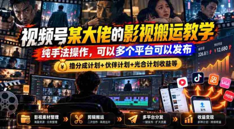 视频号某大佬的影视搬运教学,纯手法操作,可以多个平台可以发布,撸分成计划+伙伴计划+光合计划收益等-有道网创