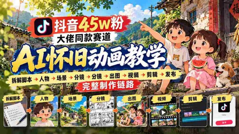抖音45W粉大佬同款赛道AI怀旧动画教学:拆解脚本→人物→场景→分镜→出图→视频→剪辑→发布完整制作链路-有道网创