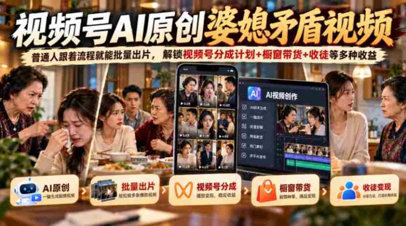 婆媳矛盾题材短视频AI制作,轻松上手批量制作,揭秘视频号多元盈利策略:分成分成+橱窗带货+徒弟招募-有道网创