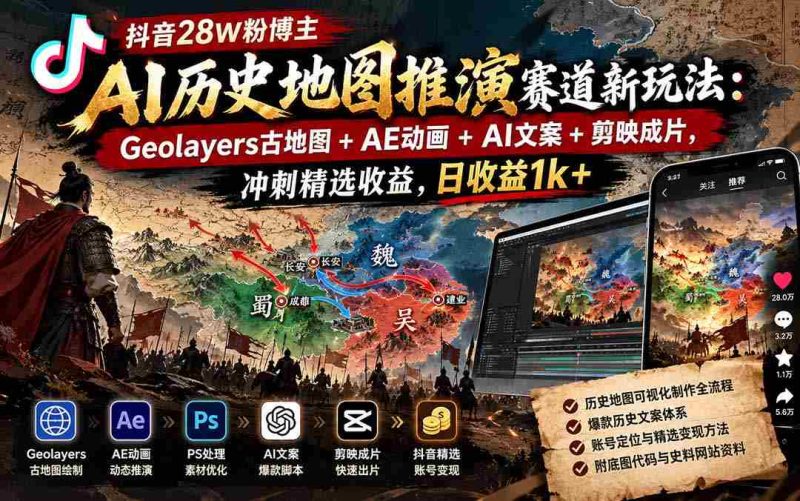 探索抖音AI历史地图创新玩法:Geolayers古地图、AE动画、AI文案融合剪映,28万粉丝博主领跑,日收入突破千元-有道网创