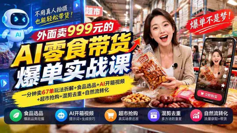 揭秘999元AI零食带货课程:67单/分钟销售秘诀+精选食品+AI开箱演示+超市抢购技巧+混剪去重+高效转化策略-有道网创
