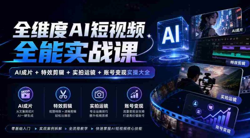 全面解锁AI短视频制作秘籍:涵盖AI剪辑、特效应用、镜头技巧与账号运营实战攻略-有道网创