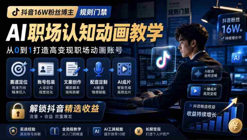 抖音16W粉丝博主规则门禁的AI职场认知动画教学,从赛道定位、账号包装,到文案创作、配音定制、AI成片,解锁抖音精选收益-有道网创