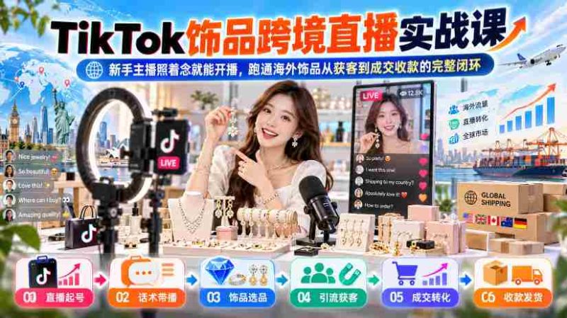 TikTok饰品跨境直播实战课,新手主播照着念就能开播,跑通海外饰品从获客到成交收款的完整闭环-有道网创