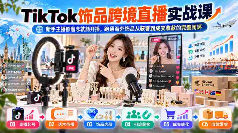 TikTok饰品跨境直播实战课,新手主播照着念就能开播,跑通海外饰品从获客到成交收款的完整闭环