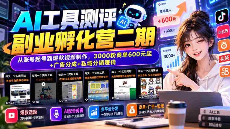 AI工具测评副业孵化营二期:从账号起号到爆款视频制作,3000粉商单600元起+广告分成+私域分销赚钱-有道网创