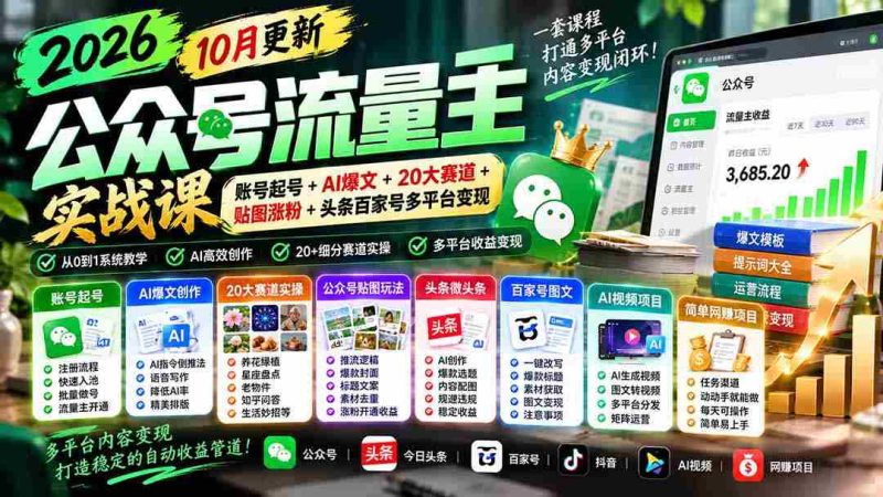 2026年公众号流量运营大师班:全新升级版!10月精选:打造爆款账号、AI智能创作、覆盖20大热门领域、贴图吸粉攻略+头条、百家号等多平台盈利策略-有道网创
