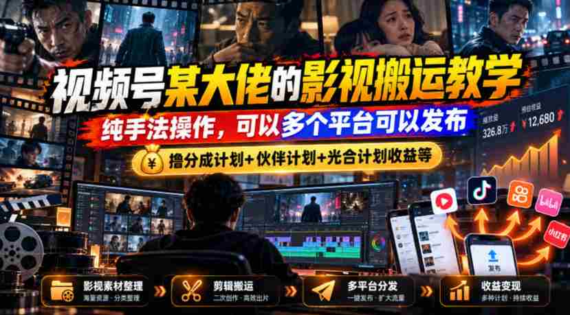 视频号某大佬的影视搬运教学，纯手法操作，可以多个平台可以发布，撸分成计划+伙伴计划+光合计划收益等-有道网创