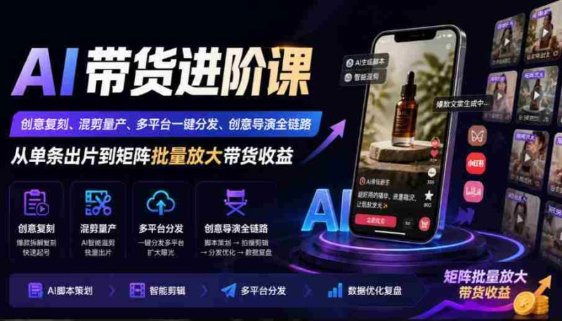 AI带货进阶课|创意复刻、混剪量产、多平台一键分发、创意导演全链路,从单条出片到矩阵批量放大带货收益-有道网创