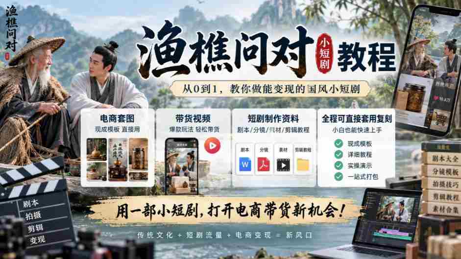 渔樵问对小短剧教程,包含电商套图、带货视频,短剧制作资料,全程可直接套用复刻